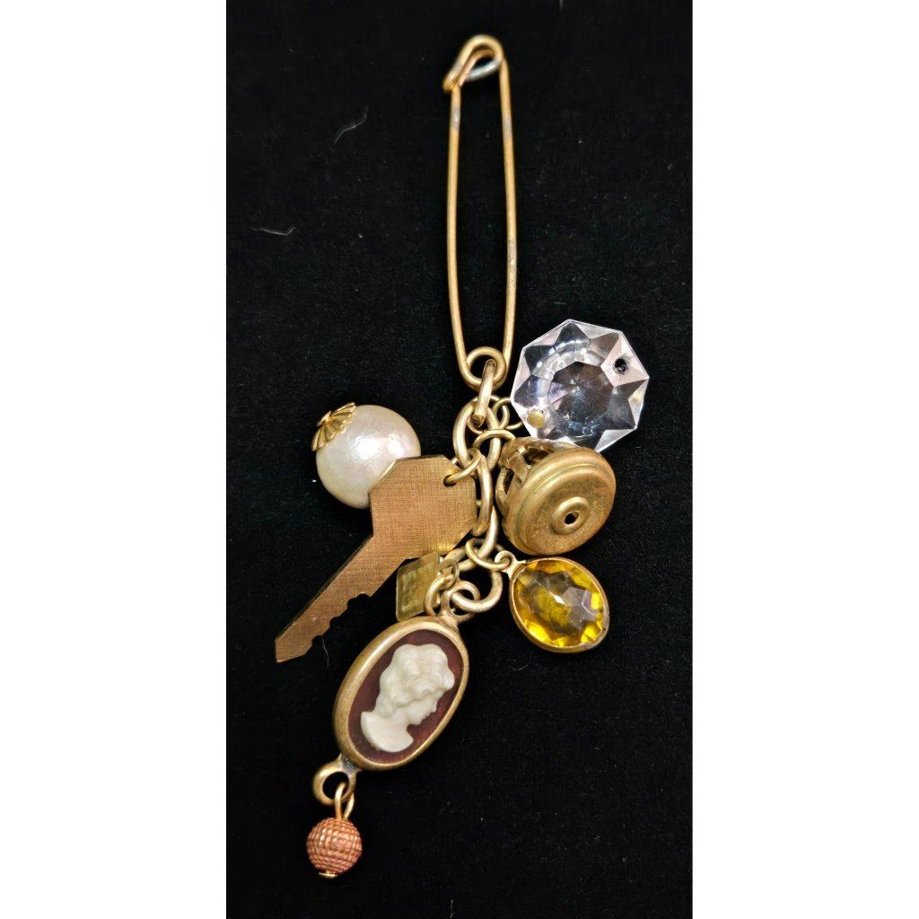 Vintage John Wind Safety Pin Brooch With Key, Cameo, Faux Pearl Charms